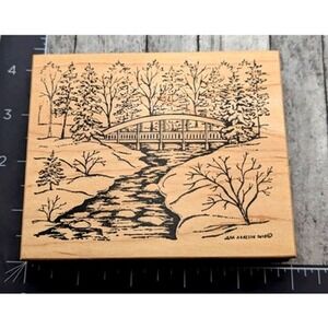 Northwoods Bridge Stream Scene Trees Rubber Stamp Wood #D8